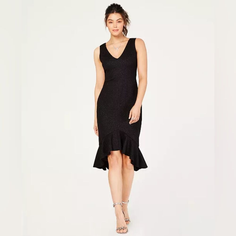 Vince Camuto Black Flounce Hem Midi Sparkle LBD